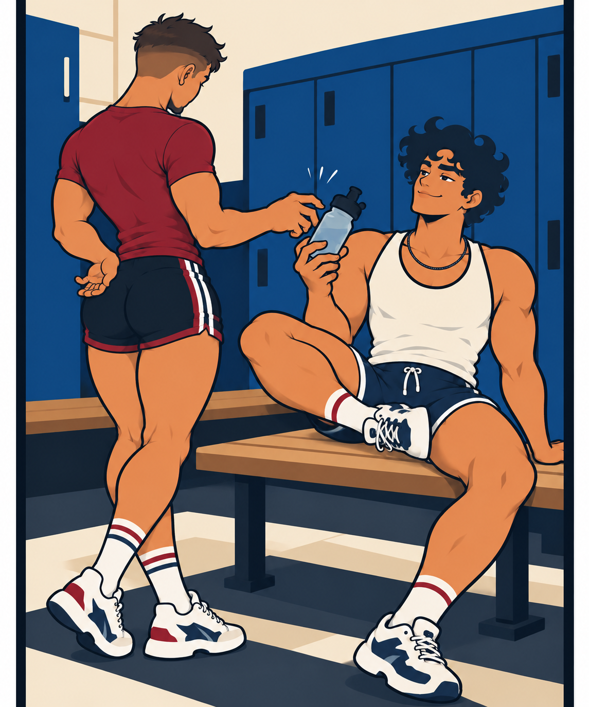 Alex and Dorian in a locker-room bottle exchange scene.