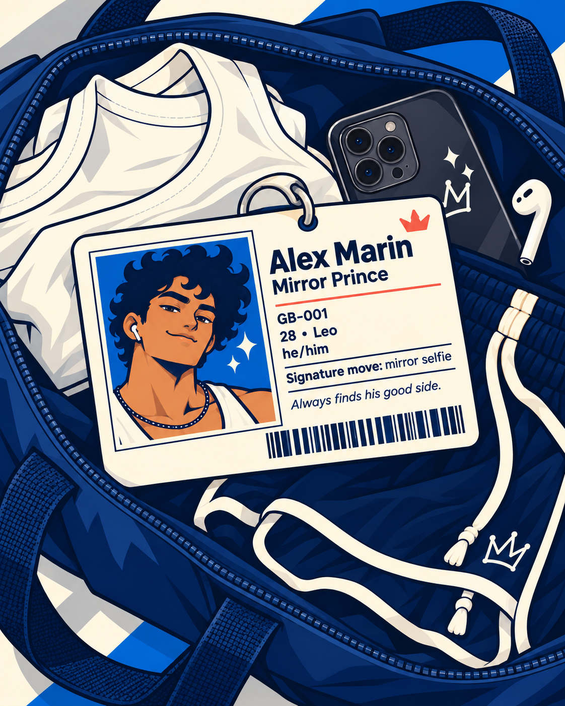 Alex Marin gym bag and character ID concept art.