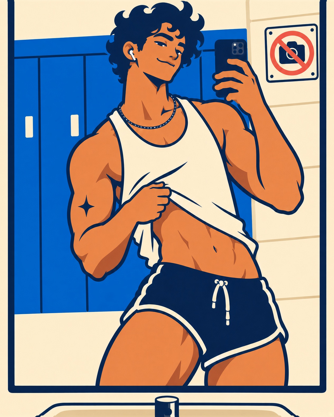 Alex Marin taking a gym mirror selfie beside a no-photo sign.